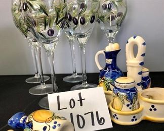Lot 1076. Buy it Now $75.00  Adorable  Set of 6 wine glasses etched and then hand-painted in an olive motif (Romanian Crystal, pattern Olivia) paired with sweet oil and vinegar set with salt and pepper. Stamped with Dipinto Amano.  