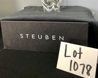 Lot 1078.  $550.00  Steuben Larger Handkerchief Vase with Box, paperwork and Dust/Keeper Bag.  Measures   8.75" tall by 9.5" wide.   Original Price on box $1200.00