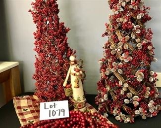 Lot 1079. Buy it Now $50.00 Bin of Beaded Garland, 1 Red Twig Tree (27" high), 1 Twig Tree w/red berries, small christmas runner, and wooden figurine (the bird needs to be replaced).  
