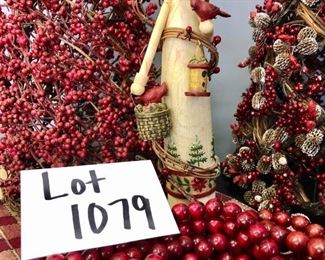 Lot 1079. Buy it Now $50.00 . Bin of Beaded Garland, 1 Red Twig Tree (27" high), 1 Twig Tree w/red berries, small christmas runner, and wooden figurine (the bird needs to be replaced).  