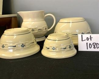 Lot 1080.  Buy it Now $95.00.  3 Longaberger Mixing Bowls (nesting) and 1 pitcher.  Pitcher 7.5" tall, mixing bowls: 10", 8", 6" dia.  