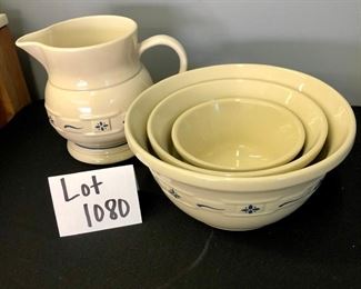 Lot 1080.  Buy it Now $95.00   3 Longaberger Mixing Bowls (nesting) and 1 pitcher.  Pitcher 7.5" tall, mixing bowls: 10", 8", 6" dia.    Excellent condition