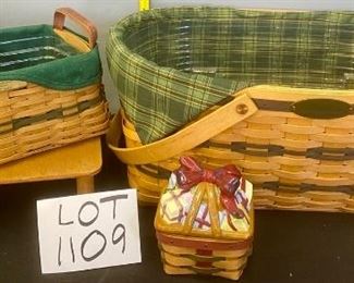Lot 1109.  Buy it Now $80.00 3 pc Longaberger Baskets. Traditions Collection.  Traditions Basket 2002, Generosity Basket 1999, Little Gift Basket with Ceramic Lid. 														14"x13x7.5 high, 10x7x4.5 (traditions).  STAND NOT INCLUDED.   $80.00