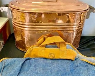 Lot 1086. Buy it Now $125.00  Large Copper Vat/Boiler/Tub/Log Holder with 2 handles, and Eddie Bauer Denim and Leather Log Carrier.  Copper piece 29" wide x 18.5" high x 14" deep, Copper usual usage wear; Eddie Bauer piece 29" wide.  