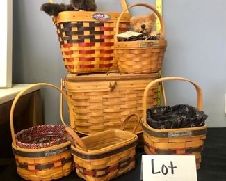 Lot 1102. Buy it Now $200.00  Patriotic Longaberger Lot. (8 pc) 2 inaugural baskets 1993 and 1997, 1- 25th Anniv Basket, 1- Small 2 handled basket, 2 sweet bears, 1 Picnic Basket with lid and fastener, and 1 small discovery basket.  All with liners, a few with liners and fabric protectors.  Great Deal 