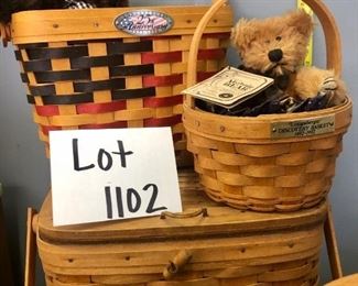 Lot 1102. Buy it Now $200.00    Patriotic Longaberger Lot. (8 pc) 2 inaugural baskets 1993 and 1997, 1- 25th Anniv Basket, 1- Small 2 handled basket, 2 sweet bears, 1 Picnic Basket with lid and fastener, and 1 small discovery basket.  All with liners, a few with liners and fabric protectors.  