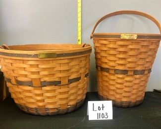 Lot 1103. Buy it Now $120.00 Set of 2 large Longaberger Baskets.  JW Collection, Cornbasket 1991 & Bankers Waste Basket 1989. Measure: Corn 17"w x 11" tall. Waste 13.5" tall x 11.5 wide.  