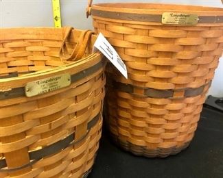 Lot 1103. Buy it Now $120.00 . Set of 2 large Longaberger Baskets.  JW Collection, Cornbasket 1991 & Bankers Waste Basket 1989. Measure: Corn 17"w x 11" tall. Waste 13.5" tall x 11.5 wide.  