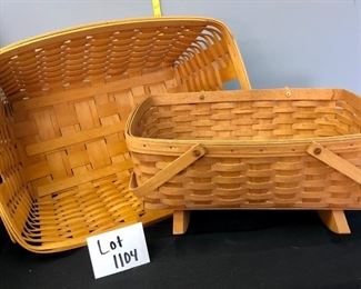 Lot 1104.  Buy it Now $85.00  2 pc Longaberger Lot.  Laundry Basket and 2 handled rocking basket (cradle rockers need to be repaired). No liners.  Laundry 16.5" x 23"  x 10" tall &  Cradle 18" L x 12" w x 8.5" tall.C