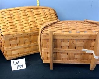 Lot 1104.  Buy it Now $85.00   2 pc Longaberger Lot.  Laundry Basket and 2 handled rocking basket (cradle rockers need to be repaired). No liners.  Laundry 16.5" x 23"  x 10" tall &  Cradle 18" L x 12" w x 8.5" tall. $85.00