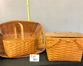 Lot 1105 Buy it Now $120. 3 Pc Longaberger Lot.  Laundry Basket (#19  1989), Lidded Picnic Basket (#120  1989), and 1 handled open Picnic basket (#101 1991). Measurements: Laundry 17" w, 23" l, 10" h. Lidded 17"x14"x10.5"tall,  $120