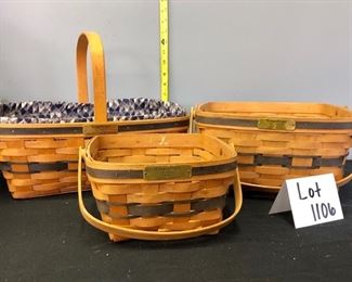 Lot 1106.  Buy it Now $75.00 3 pc longaberger basket lot -- JW Collection.  Cake Basket w/stand, Berry Basket, Original Easter Basket.  Cake: 12x12x6.5".  Berry: 9x9x5"h. Easter: 15x9x12 (to top of handle) 