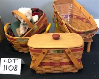 Lot 1108.  Buy it Now $75.00. 4 pc. Christmas Collection Longaberger Basket.  Seasons Greetings 1992, Popcorn Basket 1999 (with candy cane liner), Gingerbread Basket 1990 fabric liner, Yuletide Traditions 1991. Stand Not Included.  