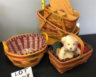 Lot 1108.  Buy it Now $75.00  4 pc. Christmas Collection Longaberger Basket.  Seasons Greetings 1992, Popcorn Basket 1999 (with candy cane liner), Gingerbread Basket 1990 fabric liner, Yuletide Traditions 1991. Stand Not Included.   $75
