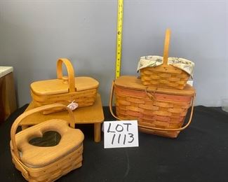Lot 1113.Buy it Now $60.00  Lot of 4 Longaberger Baskets, 3 with liners! 1991 covered basket10"x6"x7", 2000 Century .5"x7.5"x5', 2000 small basket5.5" sq x 3", 1999 cancer basket 6.5"x5.5"x3.5".  STAND NOT INCLUDED.   