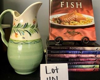 Lot 1101.  $36.00 Set of 8 Williams Sonoma Food Books & Lovely Pitcher from Gail Pittman (from Southern Living). Plate Stand NOT included.  