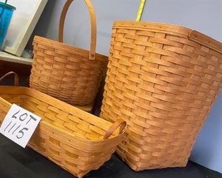 Lot 1115.Buy it Now $92.00   Lot of 3 Larger Longaberger Baskets- wastebasket w/liner (16"x13 1/2" 1992), double handled bread basket (17"l x 8" deep x 4" h, 1996), and fruit basket (13 1/2" x 9"h, 1991).