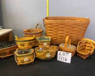 Lot 1116.  Buy it Now $150.00  Lot of 9 Longaberger baskets. 1 large magazine rack needs mending on feet (16x12x8.5, 1990), 2-handled tilted keeper basket (7x4x2, 1996), small basket w/cloth liner (1990), Sweet tradition peppermint basket with protector (8x4x5, 1991), Treetrimmer basket with green trim (small, 4"), round plum trim 2 handled basket (8x4.5"h, 1992).  Stand not included.    
