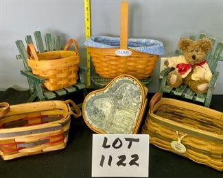Lot 1122.  Lot of Miniatures and Longaberger Baskets! 9 total pieces - Wooden miniature dollhouse/(bear house?) size Adirondack chair set and matching green table, and 5 small Longaberger baskets, one Boyd's Bear.  Small Longaberger Baskets: Treats Basket (2002), Century Celebration w/liner and fabric insert (2000), one heart shaped basket with cloth and plastic divider liner, one small square basket with 2 handles (1988), one red/blue American traditions basket with 2 handles... AND 1 waste basket (added in later pictures). $130. 