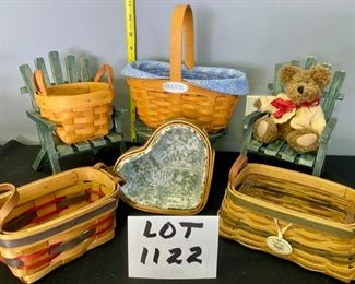 Lot 1122.  Lot of Miniatures and Longaberger Baskets! 9 total pieces - Wooden miniature dollhouse/(bear house?) size Adirondack chair set and matching green table, and 5 small Longaberger baskets, one Boyd's Bear.  Small Longaberger Baskets: Treats Basket (2002), Century Celebration w/liner and fabric insert (2000), one heart shaped basket with cloth and plastic divider liner, one small square basket with 2 handles (1988), one red/blue American traditions basket with 2 handles... AND 1 waste basket (added in later pictures). $130. 
