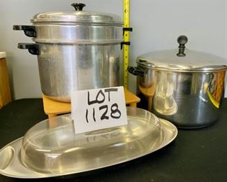 Lot 1128.  1 Aluminum steamer pan w/liner & cover, great for canning, 1 Large 8 qt. Farberware stock pot stainless, 1 oval brushed aluminum grill plate w/plastic warmer cover. $35