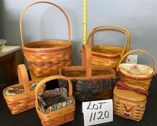Lot 1120.  Buy it Now  $75.00 Lot of 7 Longaberger Baskets. One handled round easter basket  (9 dia x5.5, 1990, no liner), double handled square basket w/red trim (9x7", 1995), a small lidded basket with red trim and heart ornament (4x4, 2002), one handled basket with hearts on the red trim and liners (2002), Christmas basket one handle (signs of use, needs cleaning (9x5x5, 1989), small basket w/cloth liner, handle rectangle (1989), small square basket with liner (5x5, 1991).  