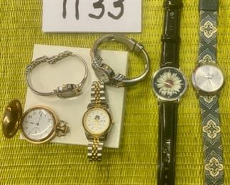 Lot 1133.  Lovely watch Lot! Ladies Elgin Pocket Watch (does not work, gold case), billings and co watch, Anne Klein II, Xanadu MOP face, Vera Bradley, Harold Feinstein.  $40