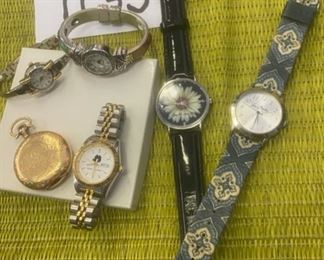 Lot 1133.  Lovely watch Lot! Ladies Elgin Pocket Watch (does not work, gold case), billings and co watch, Anne Klein II, Xanadu MOP face, Vera Bradley, Harold Feinstein
