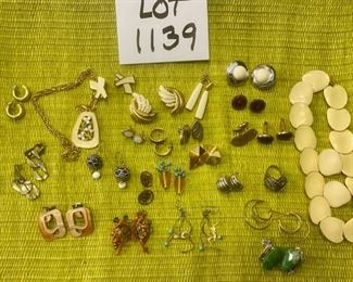 Lot 1139.  25 Pcs. or so Costume Jewelry Necklaces, Earrings, ring, Cuff Links, Pin & Sweater Clip.  $70