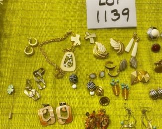 Lot 1139.  25 Pcs. or so Costume Jewelry Necklaces, Earrings, ring, Cuff Links, Pin & Sweater Clip.  $75