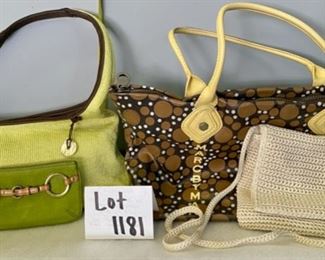 Lot 1181.  4 handbag lot.  The Sak cream-colored Crossbody bag (8x8" w flap). Marc Jacobs Tote (19.5x10.5") brown, white, and yellow.  pen mark inside but the rest is nice.   The sak green hobo mint condition (14x8 w/15"drop).  The coach wristlet green leather. $120