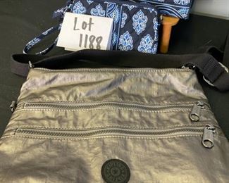 Lot 1188. Liz Claiborne Black leather backpack (perfect condition), Kipling Nylon double zipper tote 12 x 10, 2 Vera Bradley Wristlets & wallet.  $105