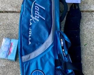 Lot 1246. Lady LaJolla Golf Set including 5/6 Iron, 7/8 Iron, 9/P, 5/7 Wood, Calloway driver and Wilson putter. 2 pkgs golf balls included. Lady LaJolla bag.  $48. Great Starter Set