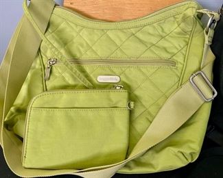 Lot 1191. Patagonia slingback- black, Baggalini lime green quilted handbag w/attached pouch zipper closure. $85