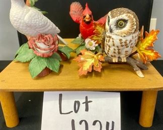 Lot 1224.  Three Lenox porcelain birds - Christmfas dove, cardinal and Saw-Whet owl. Stand not included. $48. Great gift idea for a bird lover!  Excellent condition.  