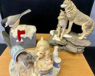 Lot 1228.  Sweet little figures. Chickadee on Mailbox, Grey Wolf Pack, dog w/cat.  $45