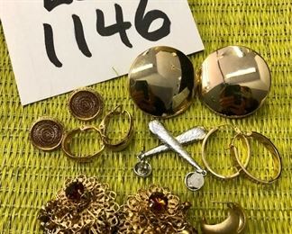 Lot 1146.  6 pr earrings costume silvertone and gold tone (plus one singleton).  $25