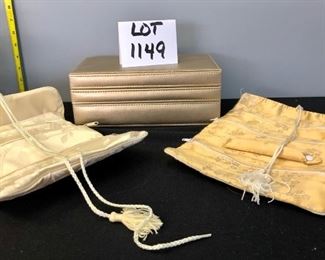 Lot 1149. Stacking gold jewelry tray/storage and 2 travel jewelry roll-ups. Outside of trays: 6" x 10" $22