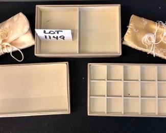 Lot 1149. Stacking gold jewelry tray/storage and 2 travel jewelry roll-ups. Outside of trays: 6" x 10" $22
