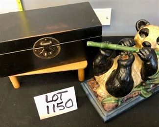 Lot 1150.  Sweet Asian Inspired Decor: Wooden box with tray insert (no pin), and adorable ceramic panda eating bamboo. Wooden stand not included. box: 11.5" l x 5.5" d x 5" h.  panda: 9.5" x 8" h x 5.5" d. Asking $30