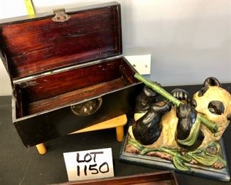 Lot 1150.  Sweet Asian Inspired Decor: Wooden box with tray insert (no pin), and adorable ceramic panda eating bamboo. Wooden stand not included. box: 11.5" l x 5.5" d x 5" h.  panda: 9.5" x 8" h x 5.5" d. Asking $30