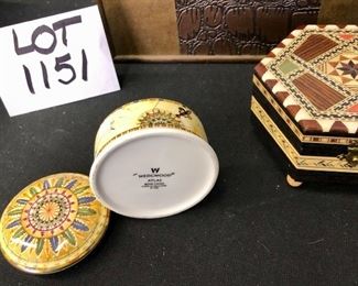 Lot 1151.  Hinged box with latch, Laguna music box from Spain, lovely inlay, Wedgewood atlas covered trinket box. $36