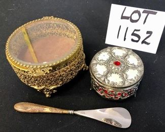 Lot 1152. 3 pc lot. Jewelry Casket,  hinged box with beveled glass and filigree sides, small hinged keepsake box with red, silver, and white accents. Vintage Schmidt shoehorn. casket box: 3" h x 4.5" w. $28