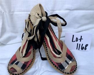 Lot 1168. $95.00  Burberry Peeptoe Wedges size 41 (US Size 10 Womens) Super cute. Coral, black, white, tan.  