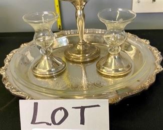 Lot 1449. $40  Weighted Sterling Candlesticks 1 pair, 1 Footed sterling candy dish 6", 1 Footed 12" silver plate w/pyrex insert 