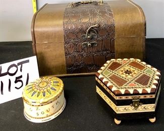 Lot 1151.  Hinged box with latch, Laguna music box from Spain, lovely inlay, Wedgewood atlas covered trinket box. $36