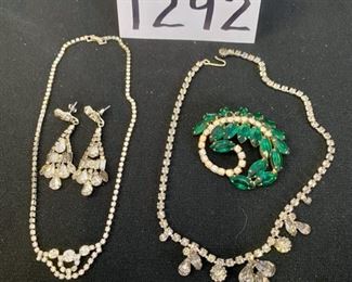 Lot 1292.  $60.00 Rhinestone Jewelry: 2 necklaces,1 Green & clear brooch, 1 bracelet, 1 pr drop earrings. $60 for 5 pieces of vintage costume jewelry!
