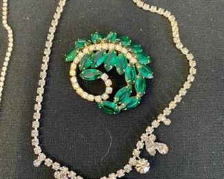 Lot 1292.  $60.00.  Rhinestone Jewelry: 2 necklaces,1 Green & clear brooch, 1 bracelet, 1 pr drop earrings.  for 5 pieces of vintage costume jewelry!