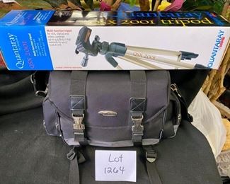Lot 1264. Buy it Now $40.00 Quantaray Digital Camera Bag with Side and Front Pockets and Dividers in Bag for Camera Bodies and Lenses plus Quantaray QSX 2001 Tripod	Bag 12" W x 8" D x 9" H