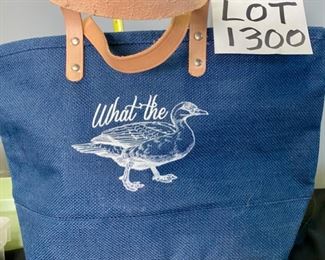 Lot 1300!!!! $15.00.  "What the Duck?" Burlap tote with leather straps. 16.5"x11"